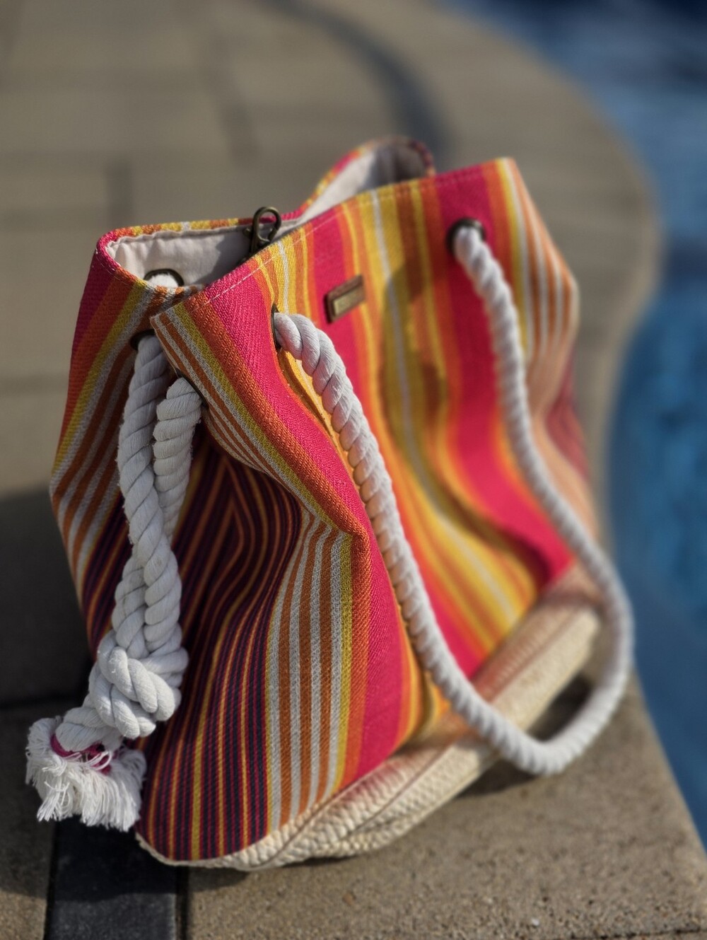 Sun 'N' Sand Vibrant Striped Beach Bag - Rope Handles & Straw Base - Picture 7 of 11